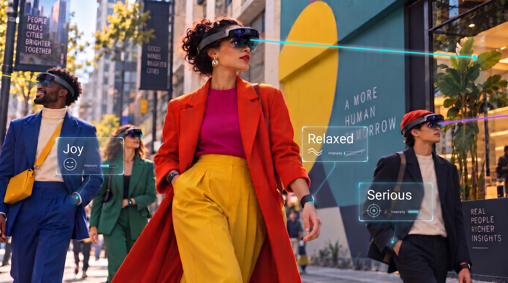 People walking a Tokyo street wearing HoloLens 2, with gaze lines and emotion labels drawn over the scene (concept image)